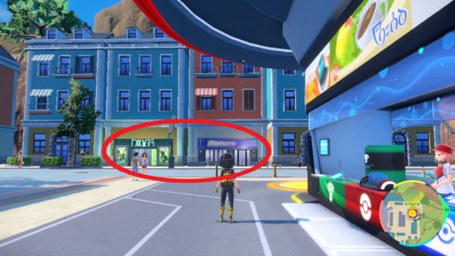 A Pokemon Scarlet and Violet screenshot of the player at the northern Levincia Pokemon Center, facing west towards the nearby hair salon and boutique. The shops are circled in red and are straight ahead of the player.