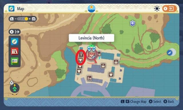 A Pokemon Scarlet and Violet screenshot of the map cursor over the Levincia (North) flying point, with the nearby hair salon and boutique circled in red.