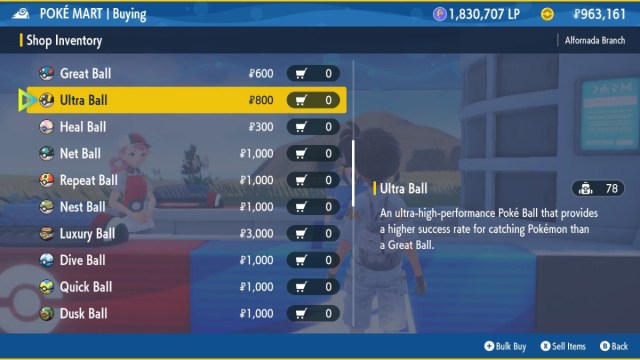 A Pokemon Scarlet and Violet screenshot of some of the Poke Ball selections in a Poke Mart.