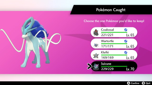 A Pokemon Sword and Shield: The Crown Tundra screenshot of a shiny Suicune obtained in Dynamax Adventures.