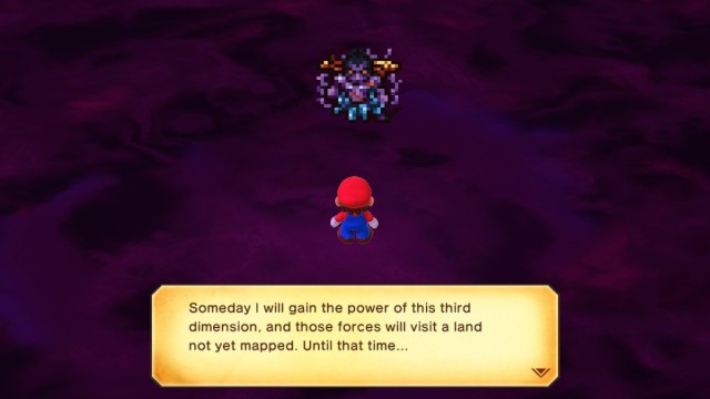 A Super Mario RPG screenshot of Mario speaking to Culex after defeating him.