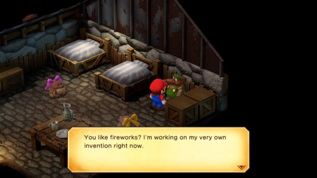 A Super Mario RPG screenshot of Mario speaking to the mole that sells fireworks.