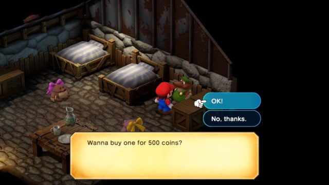 A Super Mario RPG screenshot of a mole offering to sell fireworks to Mario for 500 coins.