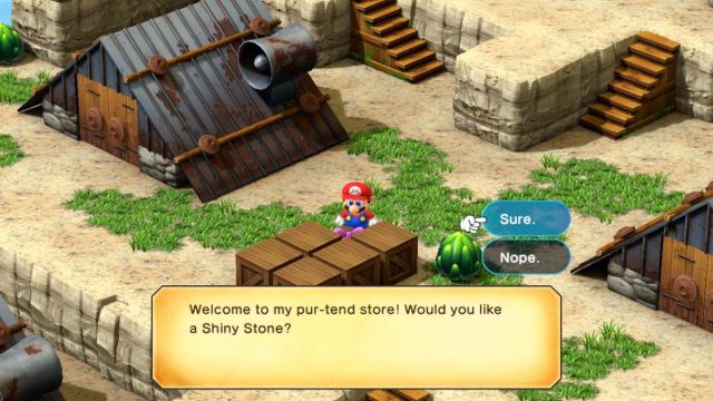 A Super Mario RPG screenshot of a mole offering Mario a Shiny Stone.