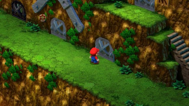 A Super Mario RPG screenshot of Mario in front of the Three Musty Fears's door.