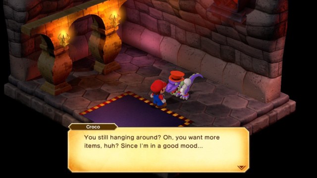 A Super Mario RPG screenshot of Mario speaking to Croco, who set up his second shop in Bowser's Keep.