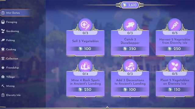 Disney Dreamlight Valley screenshot of mist duties in the dreamlight menu.