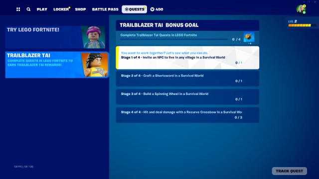 Screenshot of quests to unlock Trailblazer Tai skin in Fortnite.