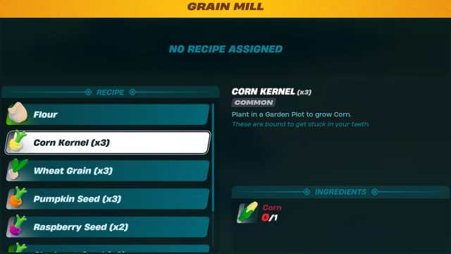 LEGO Fortnite grain mill menu for seed making