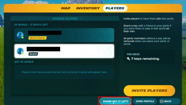 Screenshot of Players tab in LEGO Fortnite to share world with friends.