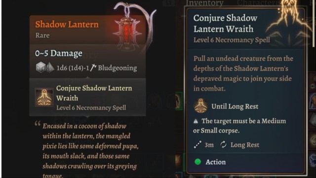 BG3 screenshot of the Shadow Lantern stats in the inventory menu.