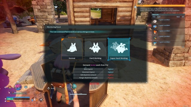 Palworld screenshot of a Monitoring Stand dictating how hard a Pal works