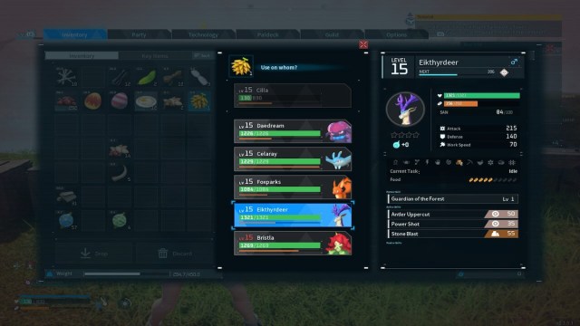 Palworld screenshot of a Skill Fruit being used on an Eikthyrdeer