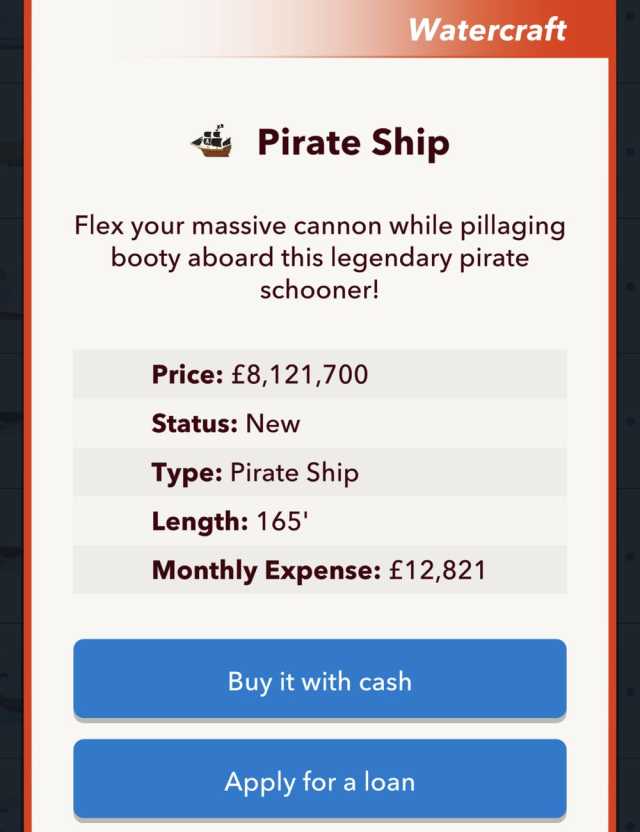 BitLife pirate ship shop cost