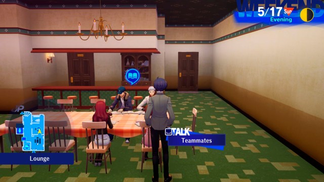 Persona 3 Reload screenshot of the protagonist having been given the option to talk with his teammates sitting at a large table in their dorm