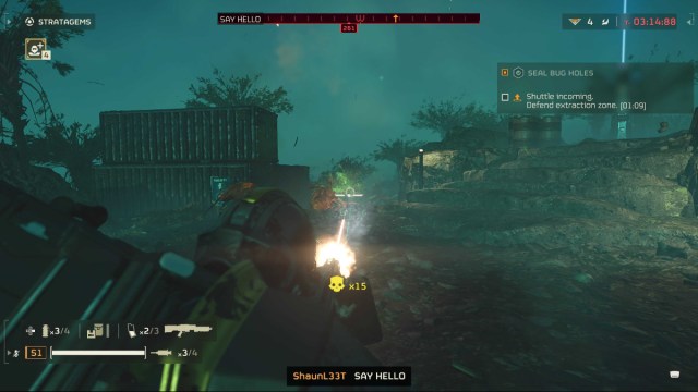 A Helldiver using the Stalwart Machine Gun to shoot enemies