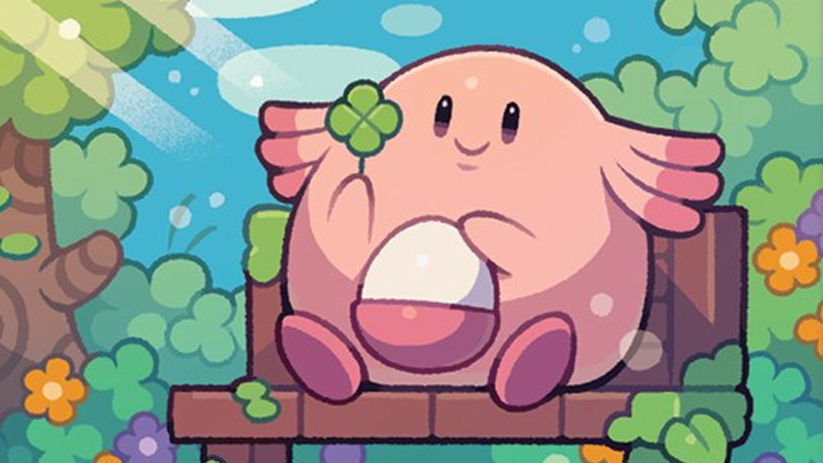 A Pokémon TCG illustration of Chansey on a bench holding a four leaf clover.