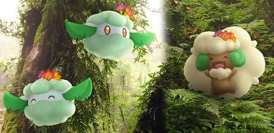 An image of costumed Cottonee and Whimsicott in Pokemon GO.