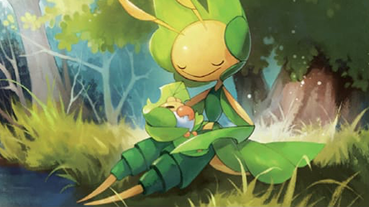 An illustration of Leavanny holding a sleeping Swadloon.