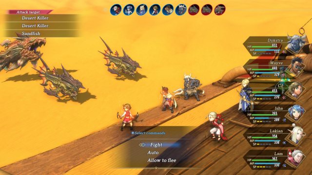 An Eiyuden Chronicles: Hundred Heroes screenshot of the party fighting two Desert Killer enemies.