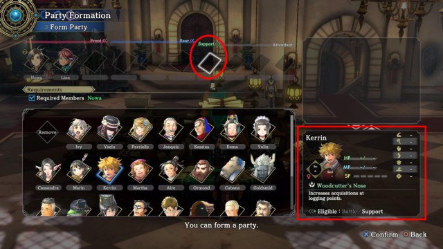 An Eiyuden Chronicle: Hundred Heroes screenshot of a party creation screen. The Support slot and Kerrin are circled in red.