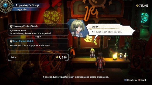 A screenshot of Rody appraising a Pearl Pocket-Watch in Eiyuden Chronicle: Hundred Heroes.