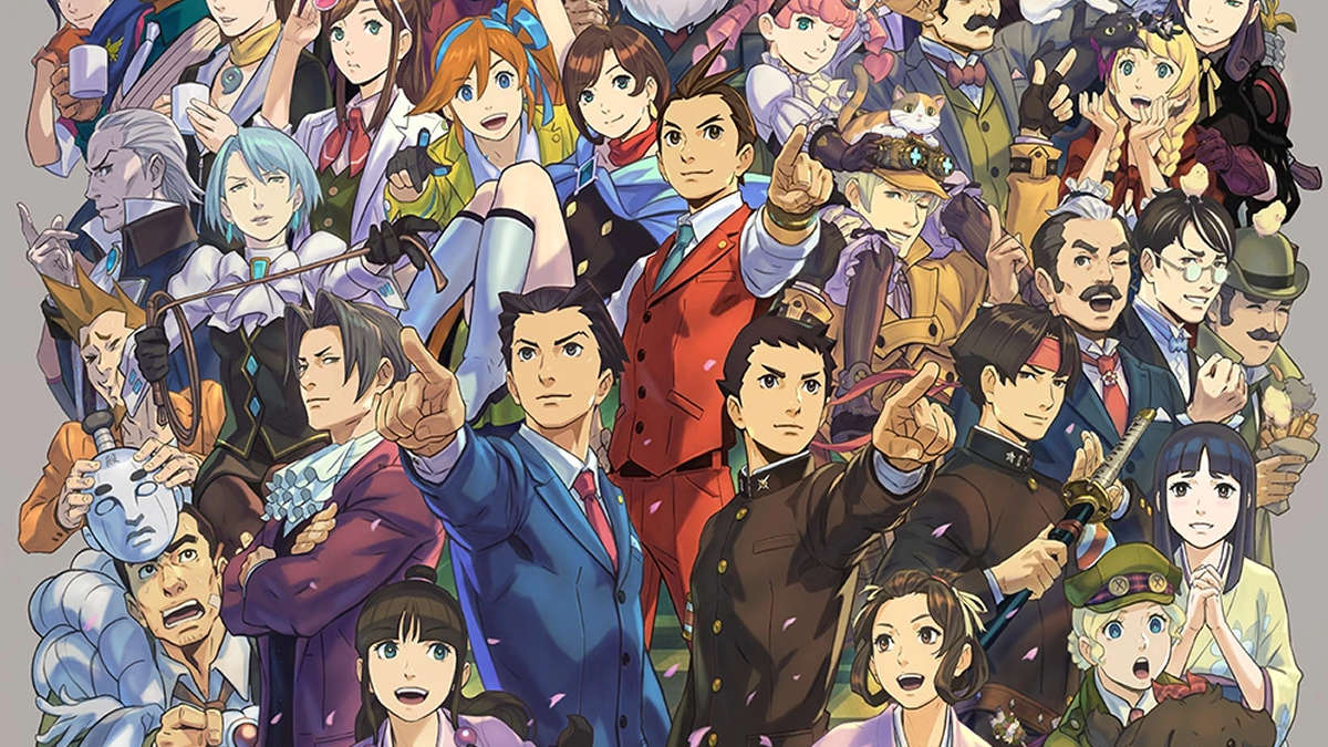 An illustration featuring many different Ace Attorney characters together.