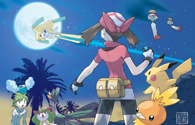 An illustration of May, Wally, Jirachi, and various other Pokemon.