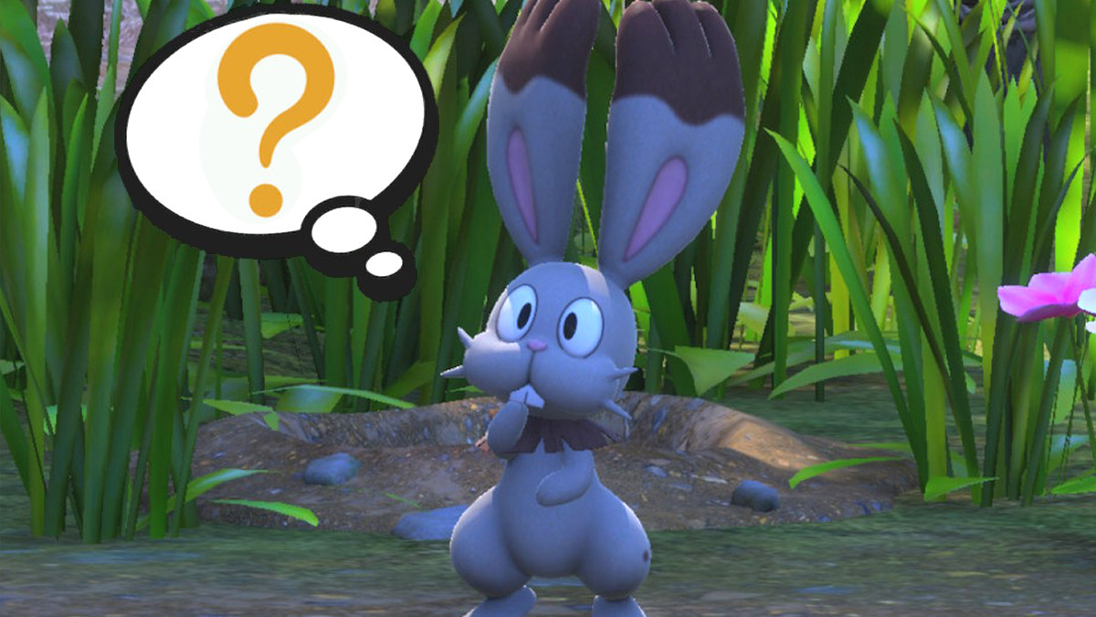 A New Pokemon Snap screenshot of Bunnelby with a thought bubble with a question mark inside.