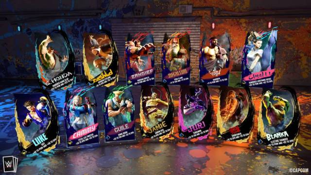 An image of WWE SuperCard cards featuring different Street Fighter 6 characters.