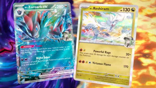 An image of N's Zoroark ex and N's Reshiram Pokemon cards.