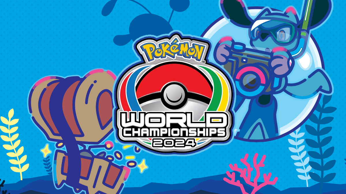 The Pokemon World Championships 2024 logo with scuba diving Riolu and a Chest Form Gimmighoul in the background.